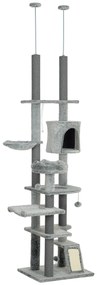 PawHut Arranhador para Gatos de Solo ao Teto com Altura Ajustável Rampa e Bolas de Brincar 60x48x225-255 cm Cinza