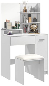 HOMCOM Toucador de Maquilhagem com Banco Mesa de Maquilhagem com Espelho Prateleiras e Gaveta 80x40x132 cm Branco e Bege
