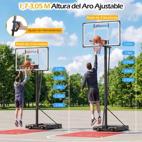 Cesto de basquetebol portátil para exterior com altura ajustável (1,7-3 m), base recheável e rodas, para crianças e adultos, para uso interior e exter