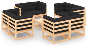 9 pcs conjunto lounge de jardim c/ almofadões pinho maciço
