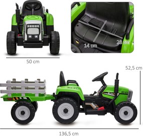 Trator Elétrico com Reboque Amovível com Controlo Remoto Música MP3 Luzes e Cinto de Segurança 136,5x50x52,5 cm Verde
