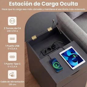 Mesa de cabeceira, Mesa apoio 35 x 60 x 62 cm com estação de carregamento com gaveta para quarto, sala e sofá Preto
