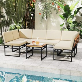 Conjunto jardim de 6 peças para exterior com móveis de metal e madeira de acácia, almofadas e mesa de café para jardim ou piscina, bege