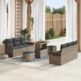 Conjunto de Sofás de Jardim de 9 Peças com Almofadas Cinza Polyrattan Acácia