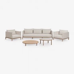 Conjunto De Sala Com Sofá De 3 Lugares, 2 Poltronas E 2 Mesas De Centro Redondas Em Madeira De Acácia Olivia Marrom Acácia Claro & Castanho Acacia Cla
