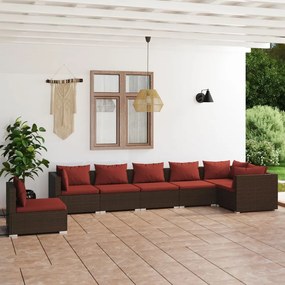 vidaXL 7 pcs conjunto lounge jardim c/ almofadões vime PE castanho