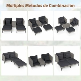 Conjunto jardim de rattan para exterior de 5 peças com mesa auxiliar, 2 sofás, 2 apoios para os pés, almofadas e travesseiros macios, modular, para pá