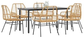 Conjunto jantar jardim 7 peças vidro vime PE castanho