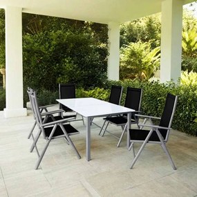 Conjunto de jardim Bern, 7 peças, 6 Cadeiras e Mesa em alumínio e tampo vidro prateado e preto
