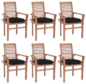 Cadeiras de jantar c/ almofadões pretos 6 pcs teca maciça