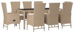 9 pcs conjunto de jantar p/ jardim com almofadões vime PE bege