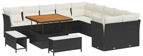 Conjunto de Sofá de Jardim com Almofadas Preto Rattan Poliéster Acácia