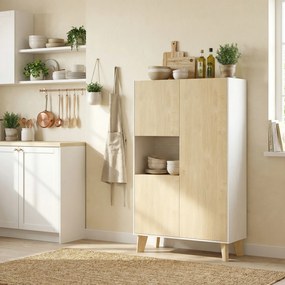 Aparador de sala 80 x 40 x 135 cm, móvel de arrumação com 6 compartimentos e portas com fecho amortecido, branco e cor natural