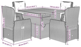 5 pcs conjunto de jantar p/ jardim c/ almofadões vime PE cinza