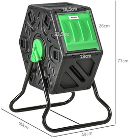 Compostor Giratório de 65L Recipiente de Compostagem de Jardim com Câmera Dupla Aberturas de Ventilação 60x49x77 cm Preto