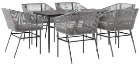 Conjunto jantar jardim 7 peças almofadas vidro vime cinzento PE