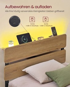 Estrutura de cama 90 x 200 cm (COLCHÃO NÃO INCLUIDO) com iluminação e estação de carregamento Castanho natural