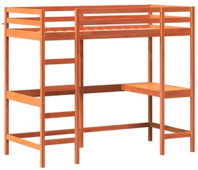 Cama alta c/ secretária 90x200 cm pinho maciço castanho-cera