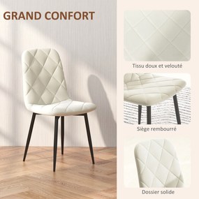 Conjunto de 4 cadeiras de jantar estofadas com encosto alto (MESA NÃO INCLUIDA), pés em aço e tecido com efeito de veludo, cor creme