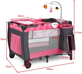 Cama de viagem bebé dobrável berço com saco de transporte de 2 rodas 100 x 70 x 76cm Rosa