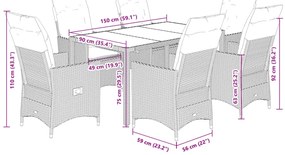 7 pcs conjunto de jantar p/ jardim com almofadões vime PE bege