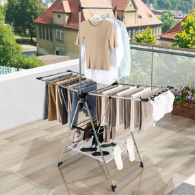 Estendal de roupa dobrável ​​de alumínio de 6 camadas para roupas estilo asa de gaivota airer com altura ajustável e clipes laterais prateado