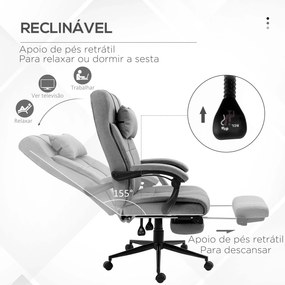 Cadeira de Escritório Reclinável Estofada em Tecido com Altura Ajustável e Apoio para os Pés 66x76x116-124 cm Cinza