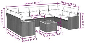 10 pcs conjunto sofás de jardim c/ almofadões vime PE cinzento