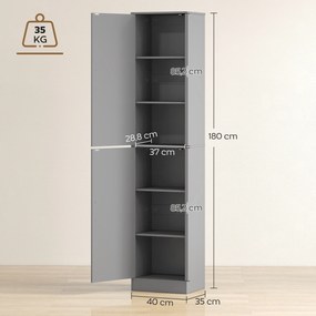 Armário de casa de banho 40 x 35 x 180 cm tipo coluna com 2 portas e 4 prateleiras ajustáveis, cinzento
