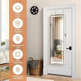 Armário para joias com iluminação LED e espelho de corpo inteiro Organizador de joias com fechadura 40 × 12,5 × 120 cm Branco
