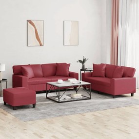 vidaXL 3 pcs conjunto sofás c/ almofadas couro artif. vermelho tinto