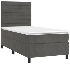 Cama box spring c/ colchão/LED 90x190 cm veludo cinzento-escuro