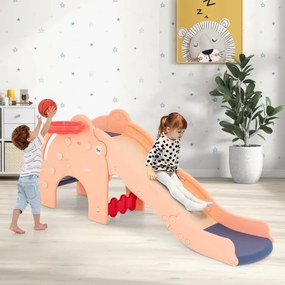 Escorrega de elefante 4 em 1 para crianças com mais de 18 meses Zona de amortecimento de basquetebol em forma de elefante Degraus antiderrapantes Rosa