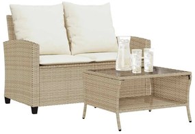 vidaXL Sofá de jardim c/ mesa e almofadões 2 lugares vime PE bege