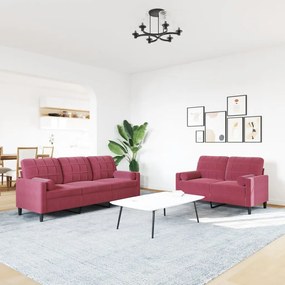2pcs conjunto sofás c/ almofadões e rolos veludo vermelho tinto