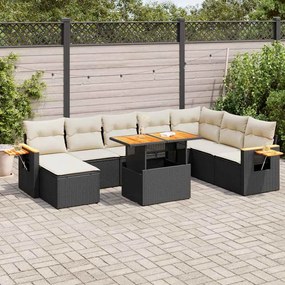 9 pcs conjunto sofás p/ jardim almofadões vime PE/acácia preto
