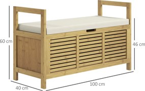 Banco com espaço de arrumação 100 x 40 x 60 cm e compartimento oculto sob o assento, com almofada e apoio de braço, cor natural