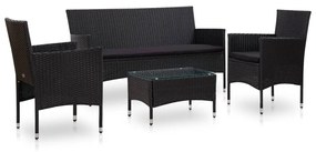 4 pcs conjunto lounge de jardim c/ almofadões vime PE preto