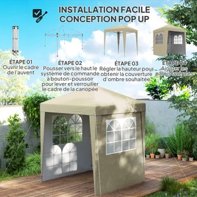 Tenda de jardim pop-up, dobrável 202 C x 202 L x 261 A cm, com altura ajustável, proteção UV 30+, 3 paredes laterais, bege