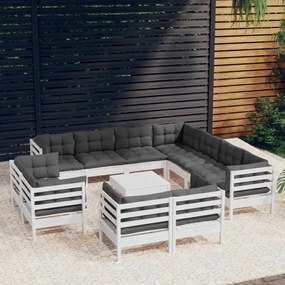12 pcs conj. lounge de jardim c/ almofadões pinho maciço branco