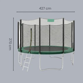 Trampolim de 427 cm, para crianças com rede de segurança e cobertura de borda e Escada Verde escuro