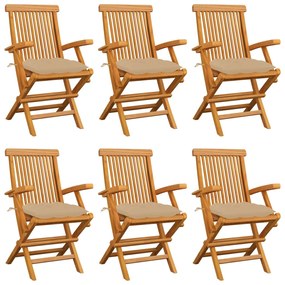 vidaXL Cadeiras de jardim com almofadões beges 6 pcs teca maciça
