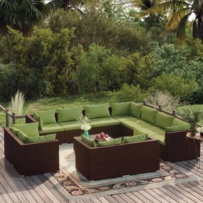 vidaXL 12 pcs conjunto lounge de jardim c/ almofadões vime PE castanho