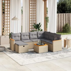 vidaXL 8 pcs conj. sofás jardim c/ almofadões vime PE bege misturado