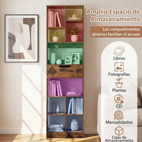 Estante de 50 x 24 x 180 cm com gaveta, 10 cubos, 2 protetores anti-tombamento e almofadas antiderrapantes para sala, escritório ou estúdio, em castan