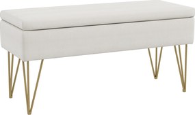 Banco com baú de arrumação 2 em 1 em tecido com pés em forma de alfinete em aço dourado 100 x 40 x 49 cm creme