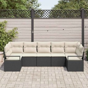 Conjunto de Sofá de Jardim com 7 Peças e Almofadas Pretas de Poliratan