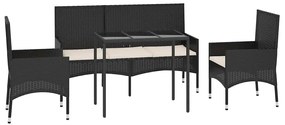4 pcs conjunto lounge de jardim c/ almofadões vime PE preto