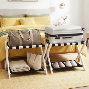 Conjunto de 2 porta-bagagens dobráveis de 2 níveis 67 x 46 x 52 cm, em madeira de borracha, com estantes de nylon e Estrutura em X, para quarto de hot