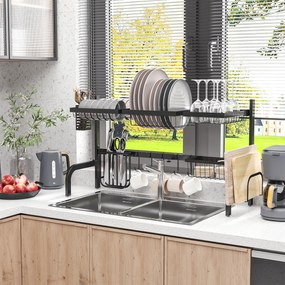 Escorredor de pratos para colocar sobre o lava-loiça, com 2 níveis, modular, em aço, 93 x 30 x 52 cm, preto